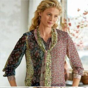 Soft Surroundings Langdon Button Down Tie Paisley Shirt Small Boho Mixed Print